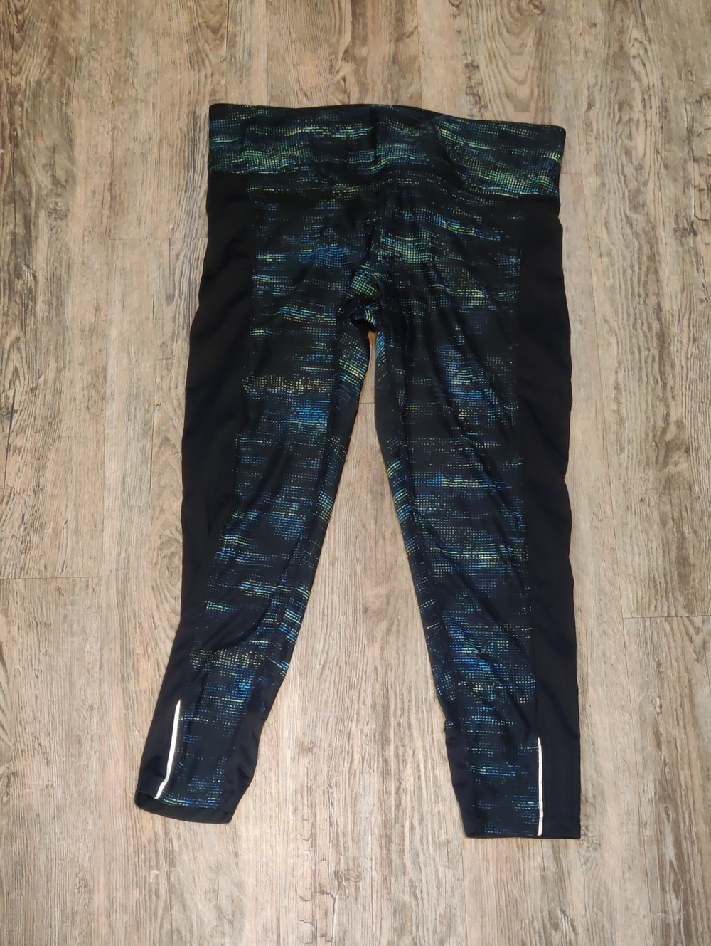 Pure Energy Black Leggings with Teal and Blue Patterned Panels